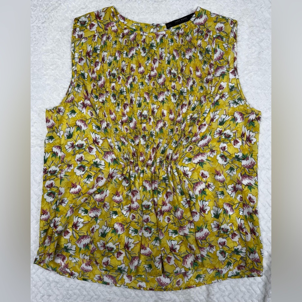 Zara Basic Collection Yellow Floral Tank Blouse Large Boho Vacation Garden